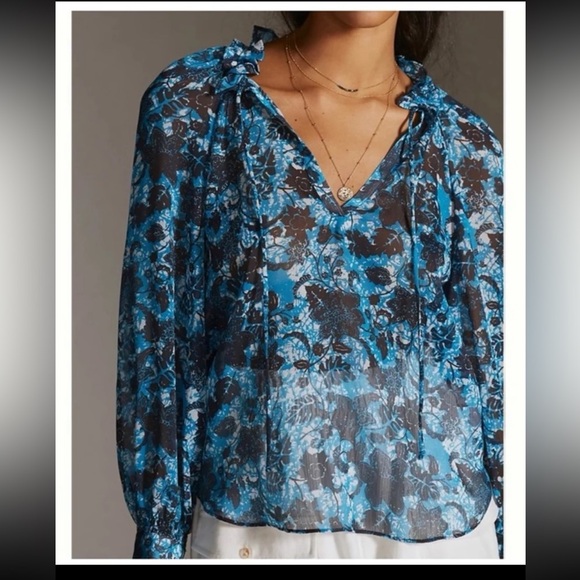 Anthropologie Sheer Printed Peasant Blouse Blue Floral Ruffles size Small - Picture 1 of 12